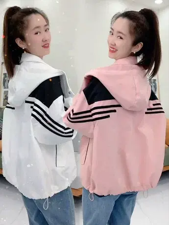 欧洲站2023春季新款休闲时尚拼色连帽外套女短款宽松百搭棒球服潮商品大图