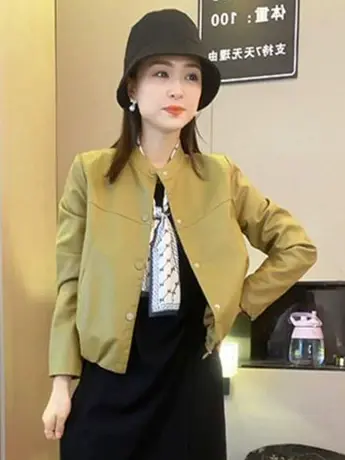 皮衣外套女2023年新款小外套欧货圆领时尚百搭小个子宽松克外套商品大图