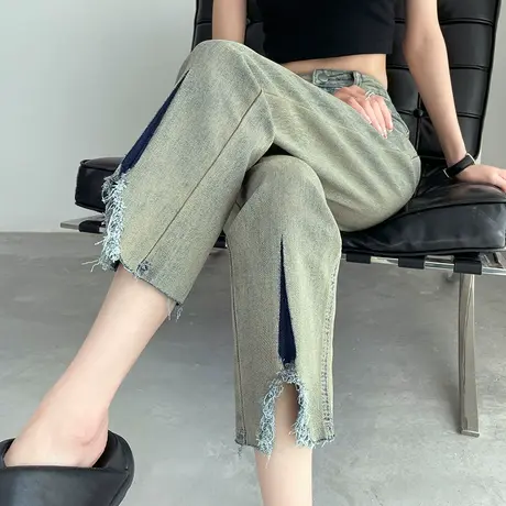 毛边开叉微喇牛仔裤女春秋新款小个子八分九分复古宽松直筒喇叭裤商品大图