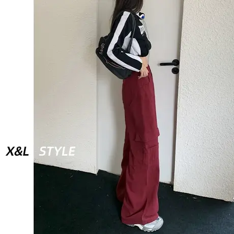 红色高腰休闲工装裤女春秋季2023年新款显瘦直筒宽松阔腿牛仔裤子图片