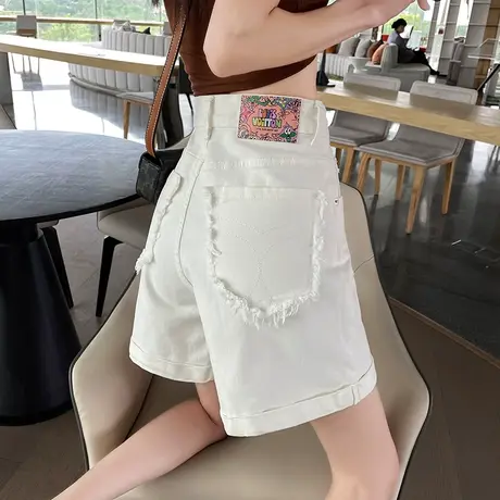 白色牛仔短裤女2024夏季薄款高腰a字宽松显瘦小个子卷边阔腿中裤商品大图