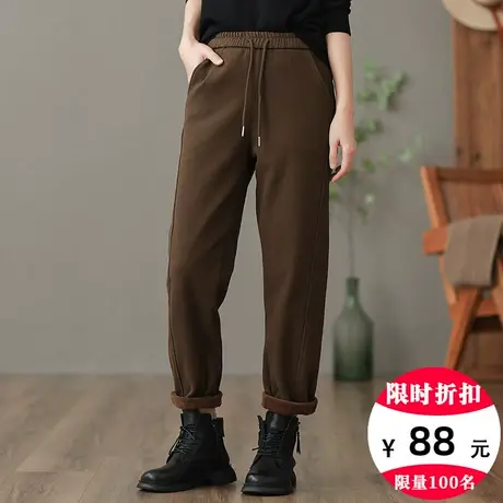 dza 高腰显瘦纯棉加绒卫裤女士冬装宽松阔腿裤运动休闲哈伦直筒裤图片