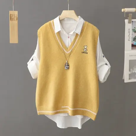 学院风休闲针织马甲背心女秋冬外搭无袖毛衣坎肩V领宽松马夹外穿商品大图