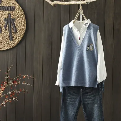 枫谜2020年秋装简约针织V领马夹女宽松休闲针织坎肩套头上衣毛衣商品大图