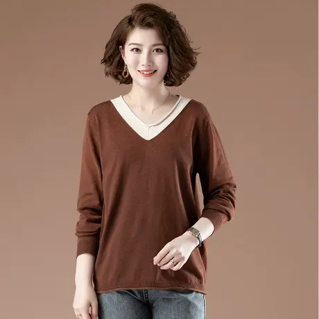 秋季新款中年妈妈针织衫上衣女加肥加大码女装宽松V领显瘦打底衫商品大图