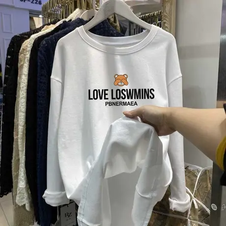 白色t恤女纯棉打底衫2022春秋上衣长袖宽松慵懒风中长款磨毛内搭T图片