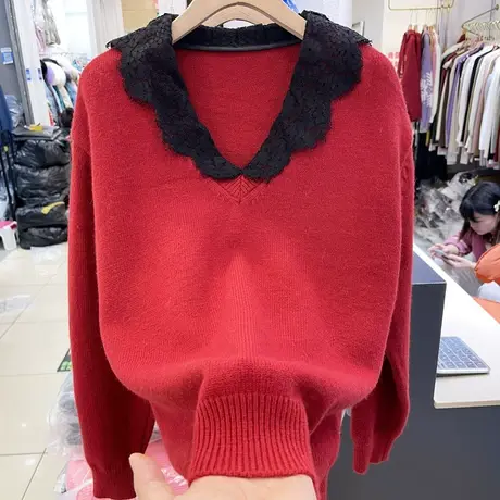 2023秋冬新年大红色衣服纯色v领针织长袖毛衣洋气套头开衫上衣潮图片