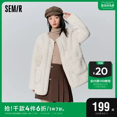 森马外套女中长款开叉上衣宽松慵懒2023新款冬季复古简约毛绒夹克图片