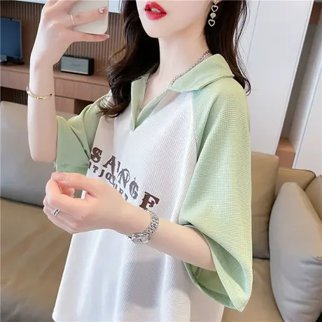 小众设计感短袖t恤女夏装韩版宽松大码中长款撞色百搭翻领上衣服商品大图