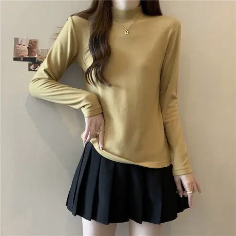 德绒半高领打底衫女内搭叠穿秋冬季加绒加厚保暖长袖T恤修身上衣商品大图