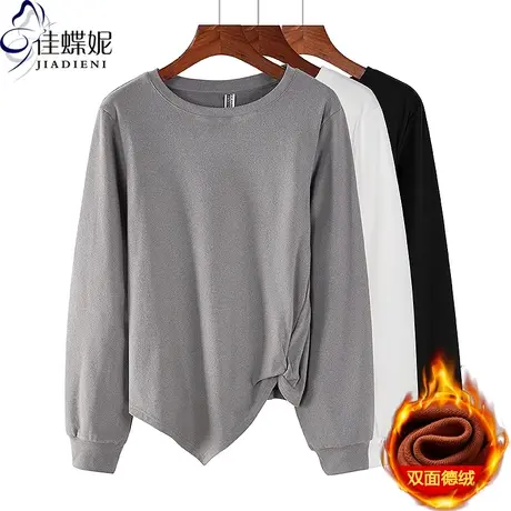 秋冬新款圆领宽松扭结不规则下摆纯色休闲双面德绒长袖卫衣女上衣商品大图