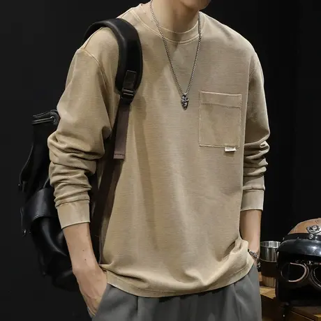 重磅美式长袖t恤男纯棉潮牌宽松大码2024新款男士贴袋复古春秋季图片