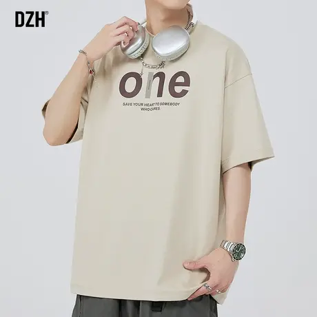男生浅杏色短袖t恤男夏季纯棉宽松男装2023新款体恤男款潮牌上衣商品大图