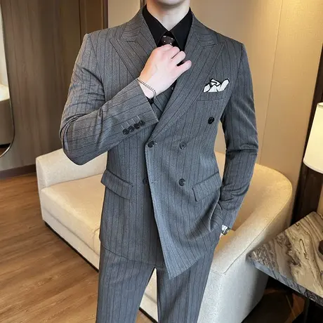 意式加宽戗驳领西服男高级感老钱风大佬格纹双排扣西装礼服套装潮图片