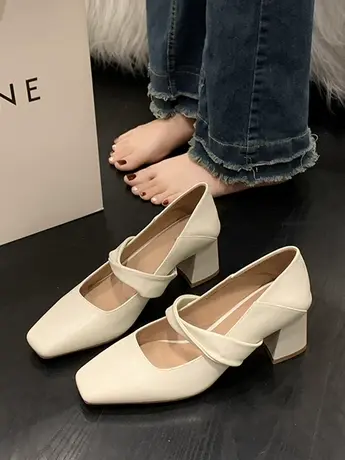 2023年春秋新款方头玛丽珍女鞋高跟鞋粗跟小皮鞋一字带单鞋ins潮商品大图