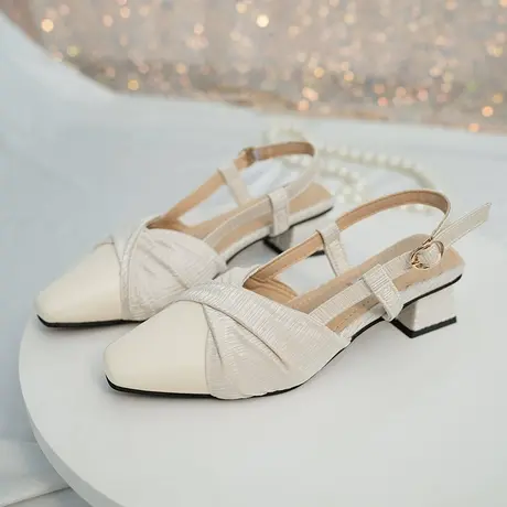 法式粗跟凉鞋女鞋子2023年春夏新款小众设计感拼色配裙子气质凉鞋图片