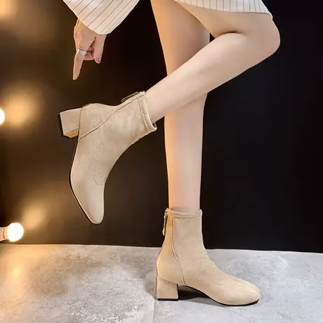 网红瘦瘦靴ins潮2024新款方头粗跟短靴时尚高跟马丁靴女春季女鞋商品大图