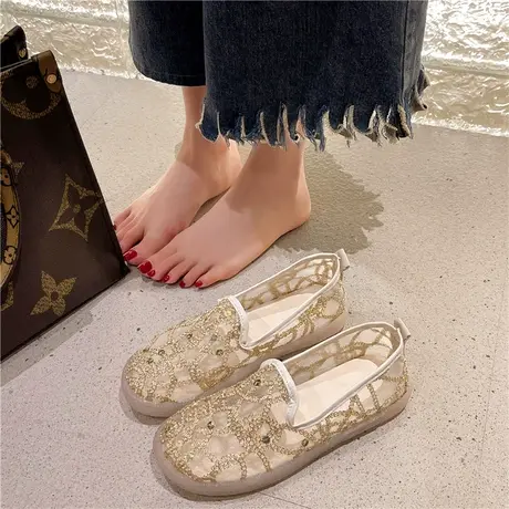 网面镂空一脚蹬单鞋女2024夏季新款懒人渔夫鞋蕾丝平底老北京布鞋商品大图