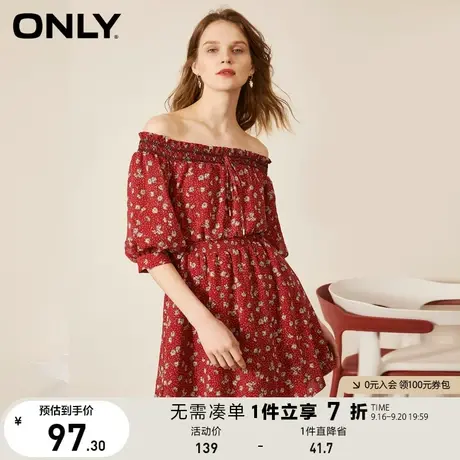 ONLY奥莱夏季一字肩碎花雪纺收腰连衣裙图片