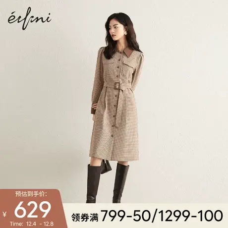伊芙丽连衣裙小个子2021年秋冬新款高级感长袖POLO领格子裙子女📪商品大图