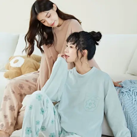 家居服秋冬花朵法兰绒加绒保暖珊瑚绒宽松女甜美加厚长袖睡衣套装商品大图