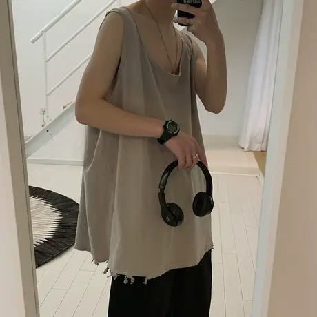 坎肩运动背心男夏季潮ins纯棉健身宽松无袖T恤港风纯色休闲打底衫商品大图