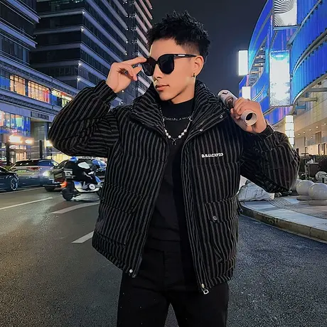 连帽工装棉衣冬季2023新款潮牌短款高级感条纹设计感休闲棉服外套图片