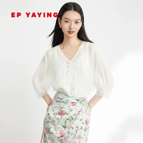 EP YAYING雅莹女装 蕾丝拼接薄纱无领苎麻衬衫 2023新款2340A商品大图