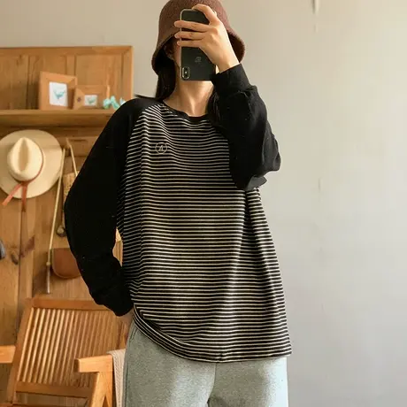 dza复古宽松拼接色条纹长袖T恤女秋冬内搭打底衫百搭圆领套头上衣商品大图