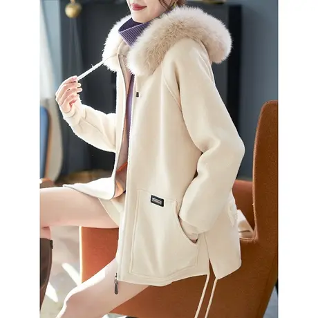 宝诗黎2024春季新款连帽毛领针织外套女纯色韩版宽松拉链开衫上衣商品大图