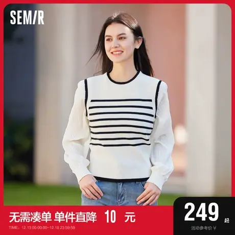 [商场同款]森马针织衫女短款假两件条纹气质2024新款春套头衫通勤图片