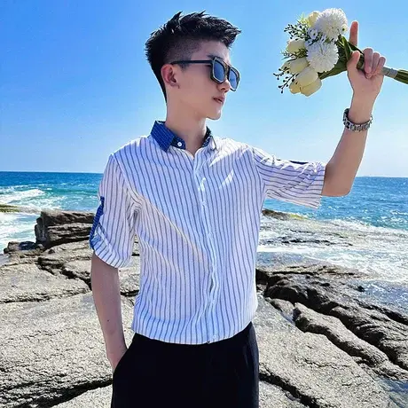 短袖衬衫夏季新款休闲条纹拼接个性痞帅短袖衬衫潮男修身半袖衬衣商品大图