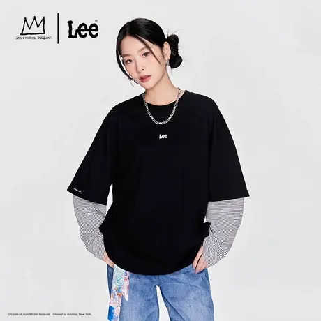 【Basquiat联名】Lee24早春新品舒适版条纹拼接黑色圆领女长袖T恤图片