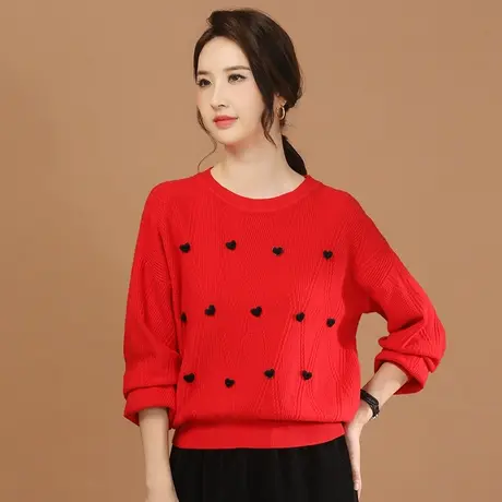 新品85折】宽松休闲圆领长袖红色毛衣2023冬季新款打底针织上衣图片