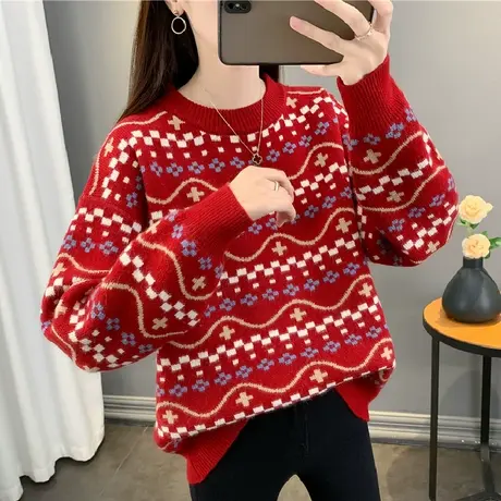 冬季圆领毛衣女秋冬2023新款本命年红色打底衫女装加厚针织衫上衣图片