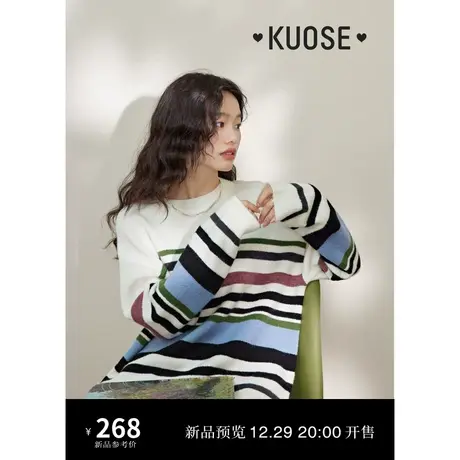 阔色慵懒风条纹圆领毛衣女2024早春新款宽松套头针织衫上衣秋冬商品大图