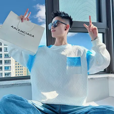 重磅嘻哈情侣卫衣秋季潮牌宽松扎染设计感渐变色休闲长袖T恤打底商品大图