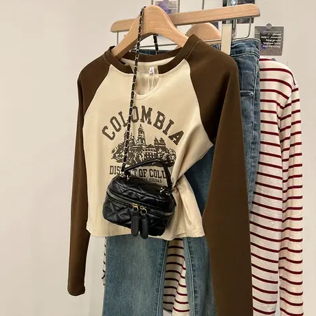 美式辣妹正肩t恤女2023秋季新款字母印花撞色插肩长袖复古上衣女商品大图