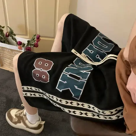 美式复古字母印花短裤男潮夏季宽松阔腿编织抽绳设计五分休闲裤子商品大图