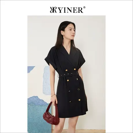 YINER音儿线上专选女装2022夏季双排扣风衣式西装领连衣裙图片