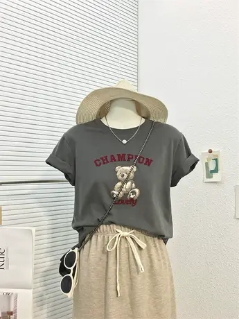 2024春季新款磨毛圆领短袖T恤女韩版小熊印花叠穿百搭半袖上衣夏商品大图