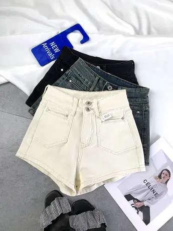 两粒扣白色小口袋弹力牛仔短裤2024春夏新款高腰显瘦包臀阔腿短裤商品大图