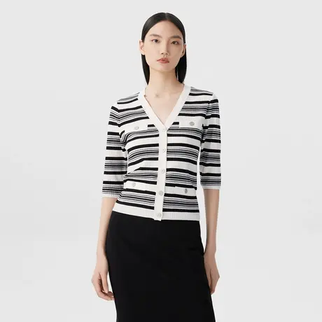 LANCY/朗姿春季新款法式针织开衫外套通勤条纹女气质V领毛衣图片