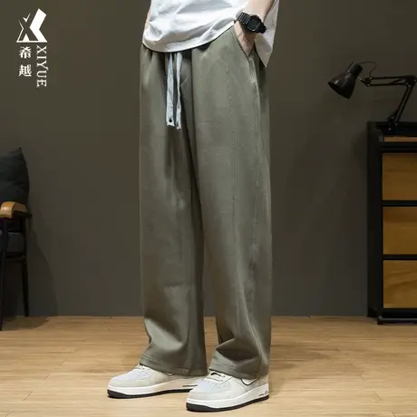 希越绿色直筒休闲裤男2024春季新款长裤宽松大码男士拼接运动裤子商品大图