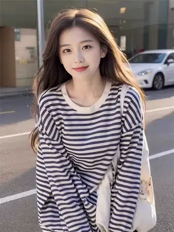 长袖卫衣女秋冬条纹宽松显瘦小众设计感慵懒风复古日系t恤上衣ins图片