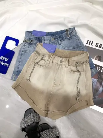 美式复古磨白卷边牛仔短裤女2024春夏新款显瘦百搭高腰阔腿a字裤商品大图