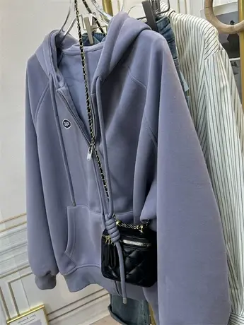 美式拉链卫衣外套女插肩袖宽松休闲慵懒风字母刺绣开衫帽衫春秋款商品大图