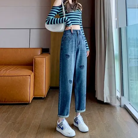 蓝色牛仔裤女2024年春秋新款高腰宽松设计感印花阔腿九分哈伦裤图片