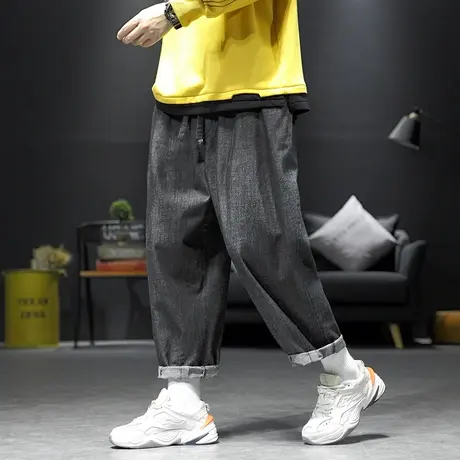 日系阔腿牛仔裤子男夏季薄款韩版潮流ins宽松大码运动直筒九分裤图片