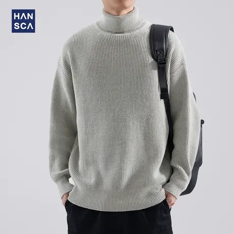 hansca高领毛衣男士加厚潮牌秋冬季纯色宽松休闲保暖慵懒风针织衫商品大图